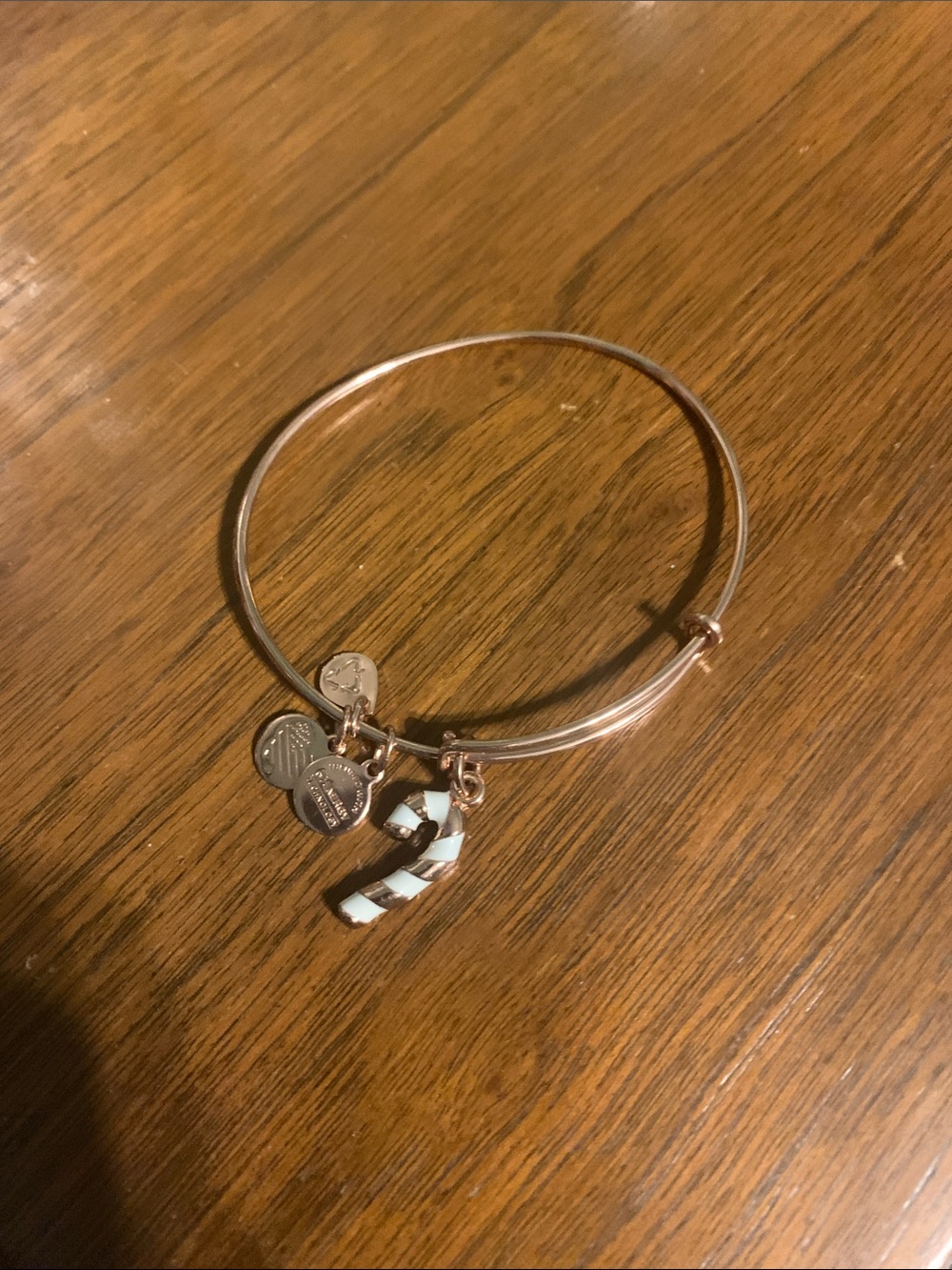 Alex & ani Rose Gold Tone Charm Bangle Bracelet with a candy cane charm